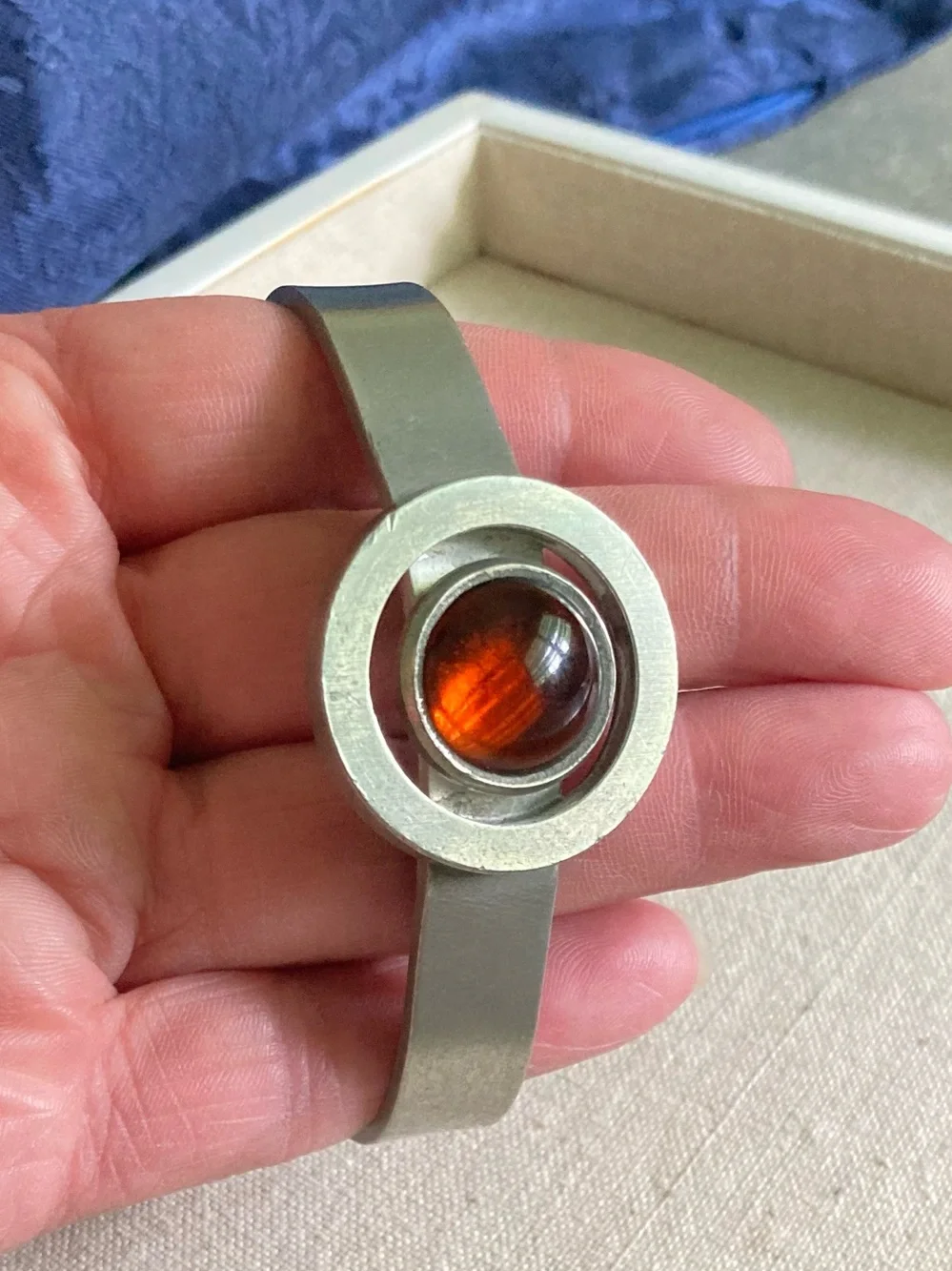 Jorgen Jensen Vintage Mid Century pewter cuff bracelet Amber Glass Center Stone